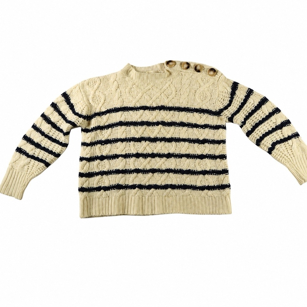 Sezane James Sweater Striped Cable Knit Merino Wool Shoulder Button Cream XS